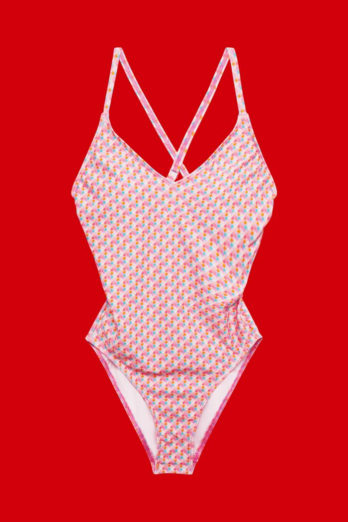 Costume da bagno imbottito con motivo geometrico, PINK FUCHSIA, detail image number 4