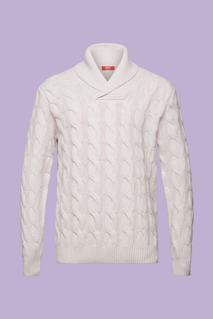 Pullover con collo sciallato in maglia intrecciata di lana, LIGHT TAUPE, detail image number 6