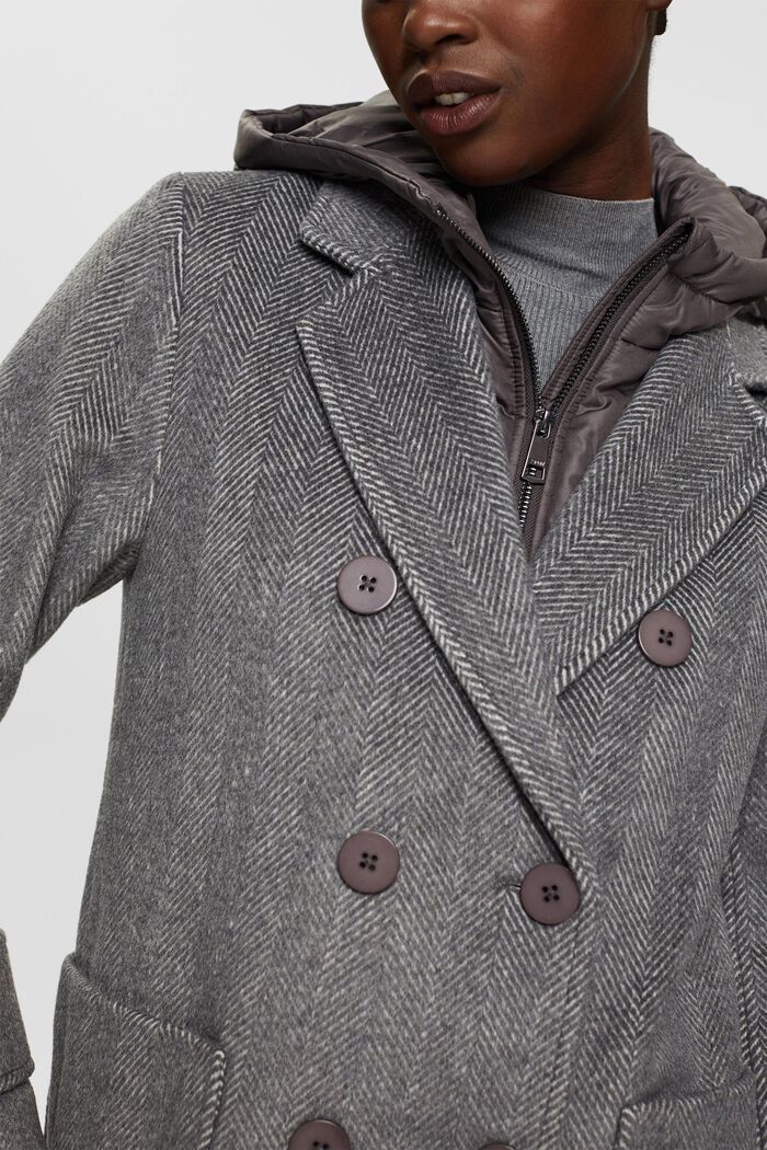 Cappotto in misto lana con cappuccio rimovibile, GUNMETAL, detail image number 0