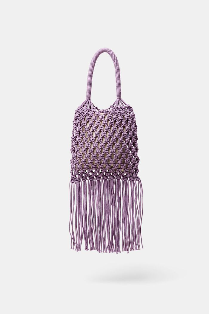 Tote bag a uncinetto a righe con nappe, LILAC, detail image number 0
