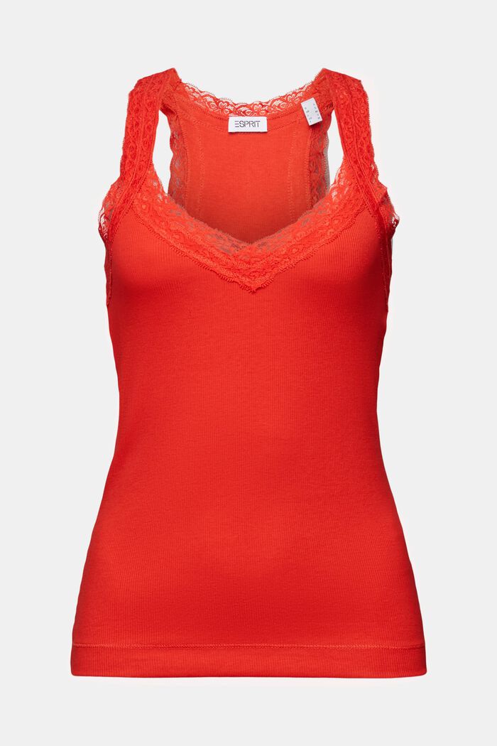 Top con pizzo in jersey di maglia a coste, RED, detail image number 6