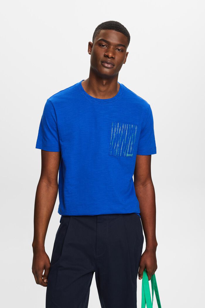 T-shirt in cotone fiammato con logo sulla tasca, BRIGHT BLUE, detail image number 0