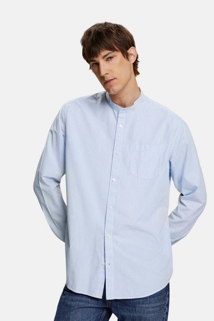 Camicia in cotone gessato con collo alla coreana, GREY BLUE, detail image number 0