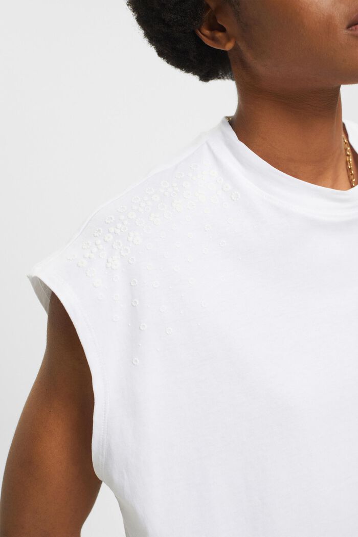 T-shirt senza maniche in cotone con fiori impreziositi, WHITE, detail image number 2