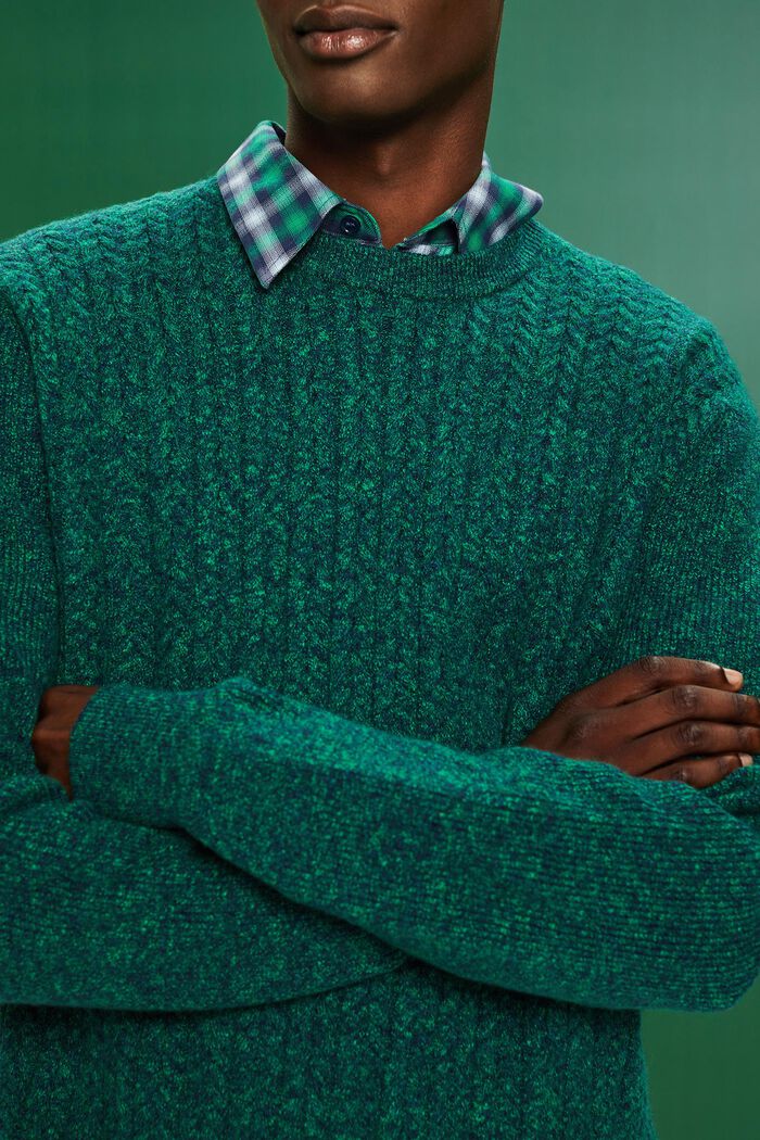 Pullover a girocollo in maglia intrecciata melange, GREEN, detail image number 2