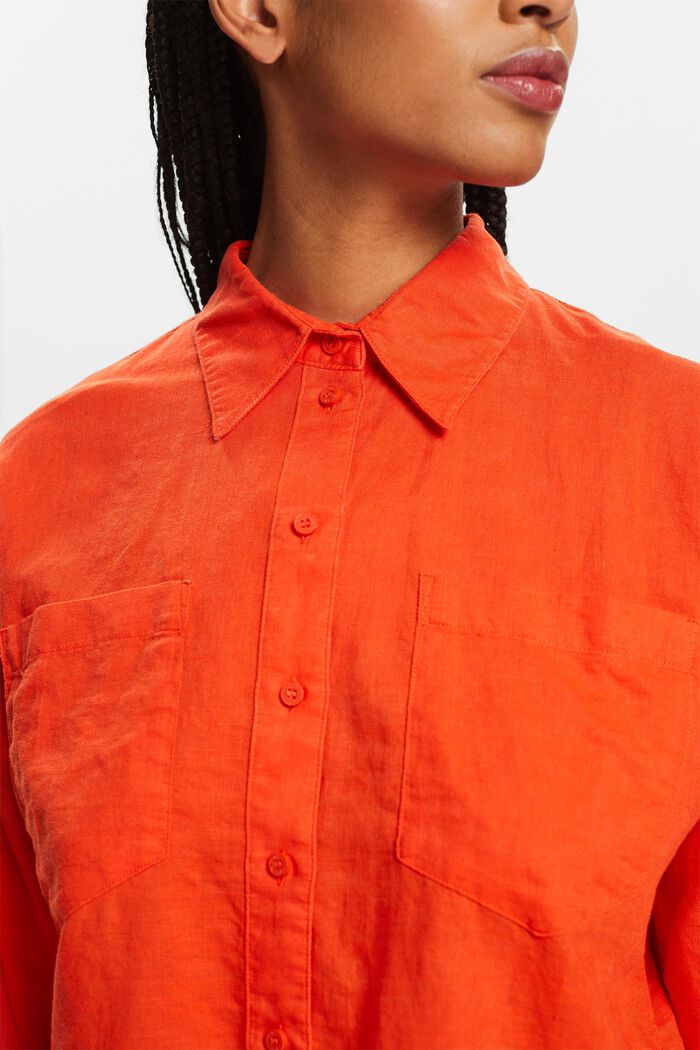 Camicia blusata in lino e cotone, BRIGHT ORANGE, detail image number 3