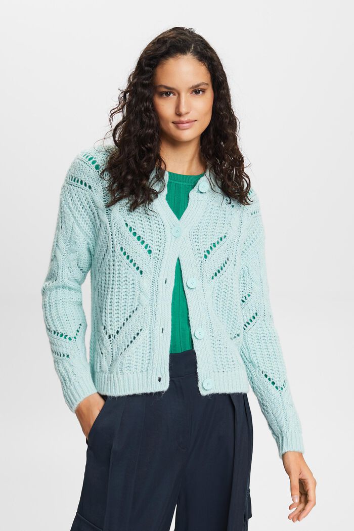 Cardigan aperto in maglia traforata di misto lana, LIGHT AQUA GREEN, detail image number 2