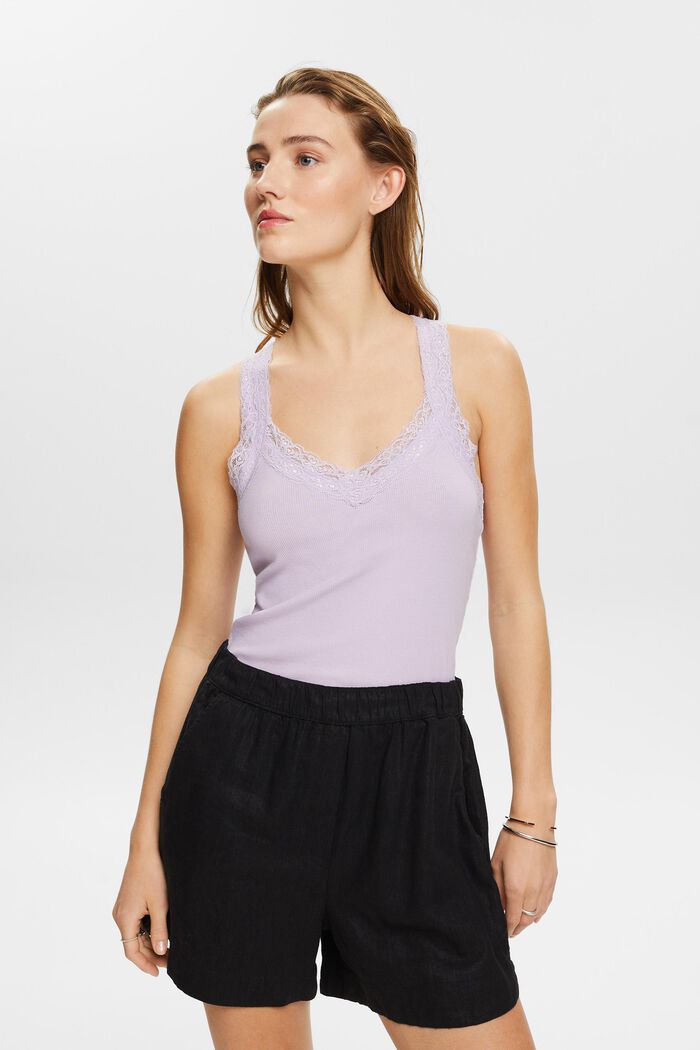 Top con pizzo in jersey di maglia a coste, LAVENDER, detail image number 0
