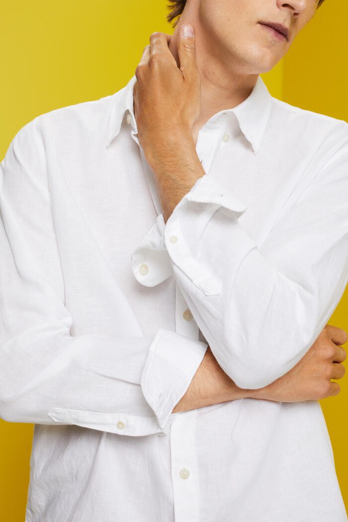 Camicia button-down in misto cotone e lino, WHITE, detail image number 2