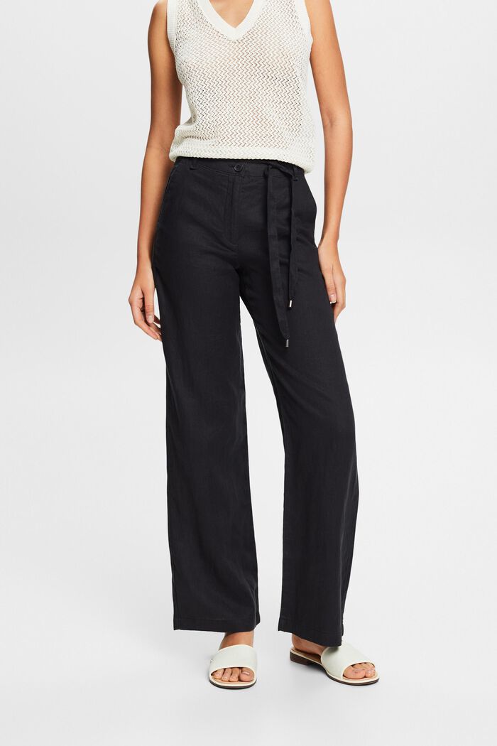 Pantaloni con cintura in lino a gamba larga, BLACK, detail image number 0