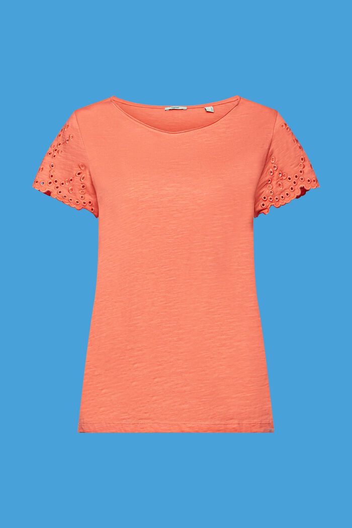 T-shirt di cotone con maniche traforate, CORAL ORANGE, detail image number 6