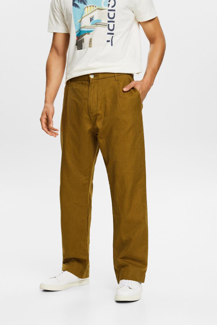 Pantaloni dritti in lino e cotone, OLIVE, detail image number 0