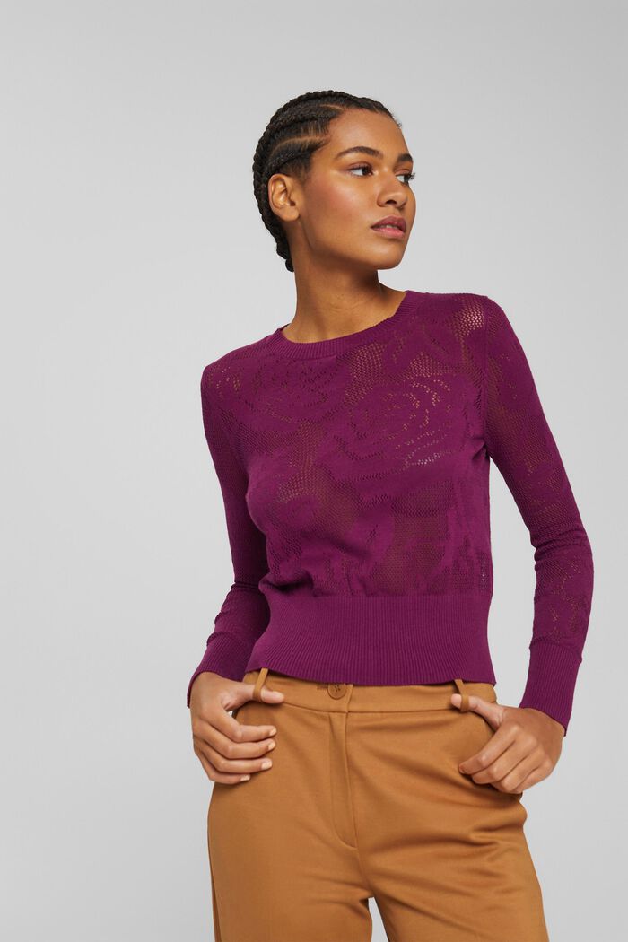 Pullover in maglia a giorno, PLUM RED, detail image number 0