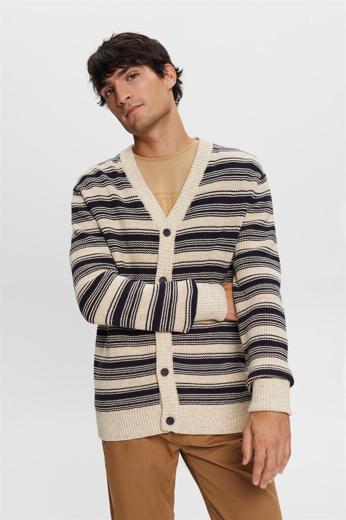 Cardigan a righe con scollo a V, 100% cotone, NAVY, detail image number 1