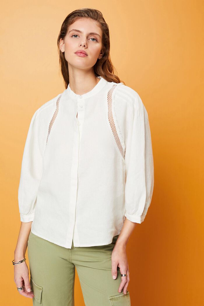 Blusa in tessuto in lino, OFF WHITE, detail image number 0