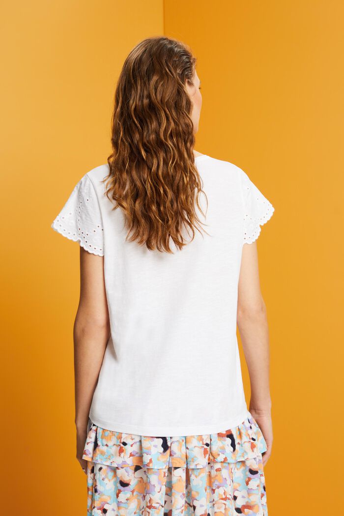 T-shirt di cotone con maniche traforate, WHITE, detail image number 3