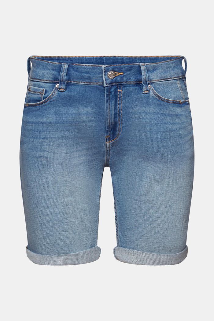 Shorts in denim di misto cotone biologico, BLUE LIGHT WASHED, detail image number 7