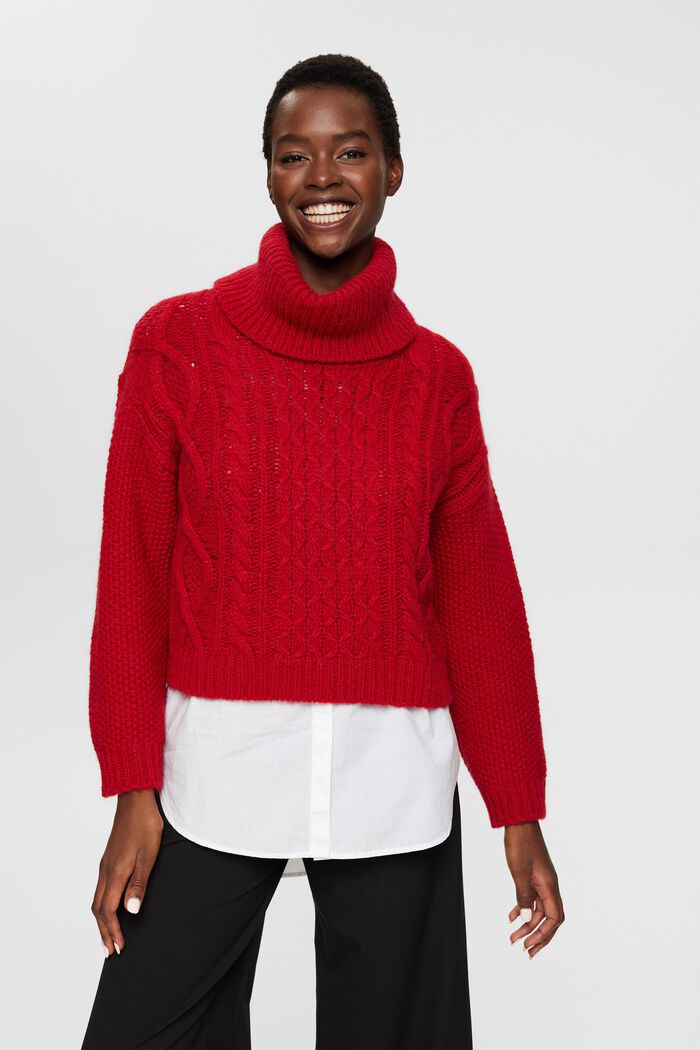 Pullover a collo alto in maglia intrecciata contenente lana, DARK RED, detail image number 0