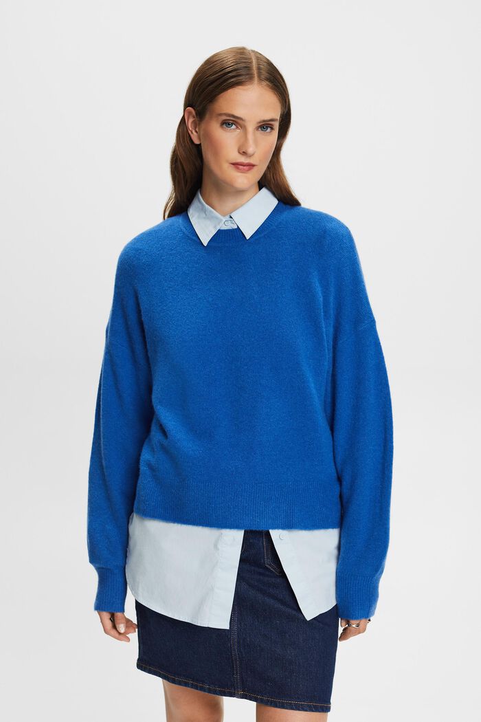 Pullover girocollo in misto lana, BRIGHT BLUE, detail image number 0