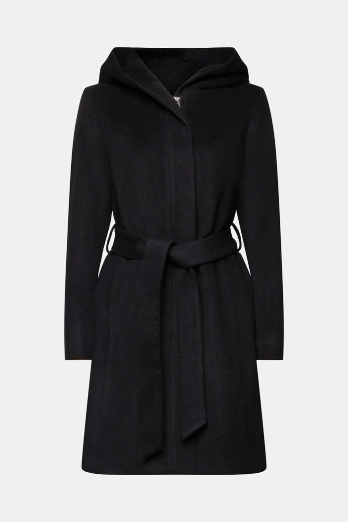 In materiale riciclato: cappotto in misto lana con cappuccio e cintura, BLACK, detail image number 5