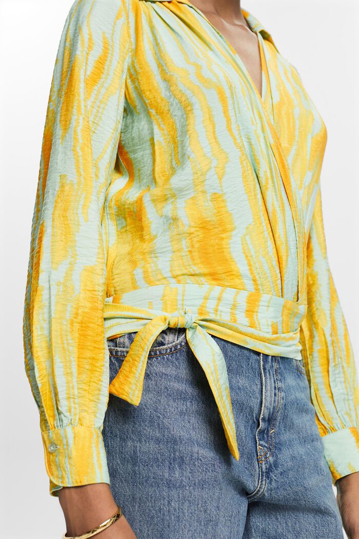 Blusa incrociata e stropicciata con stampa, CITRUS GREEN, detail image number 3