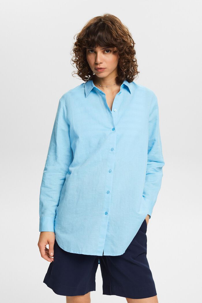 Camicia in lino e cotone, LIGHT TURQUOISE, detail image number 0
