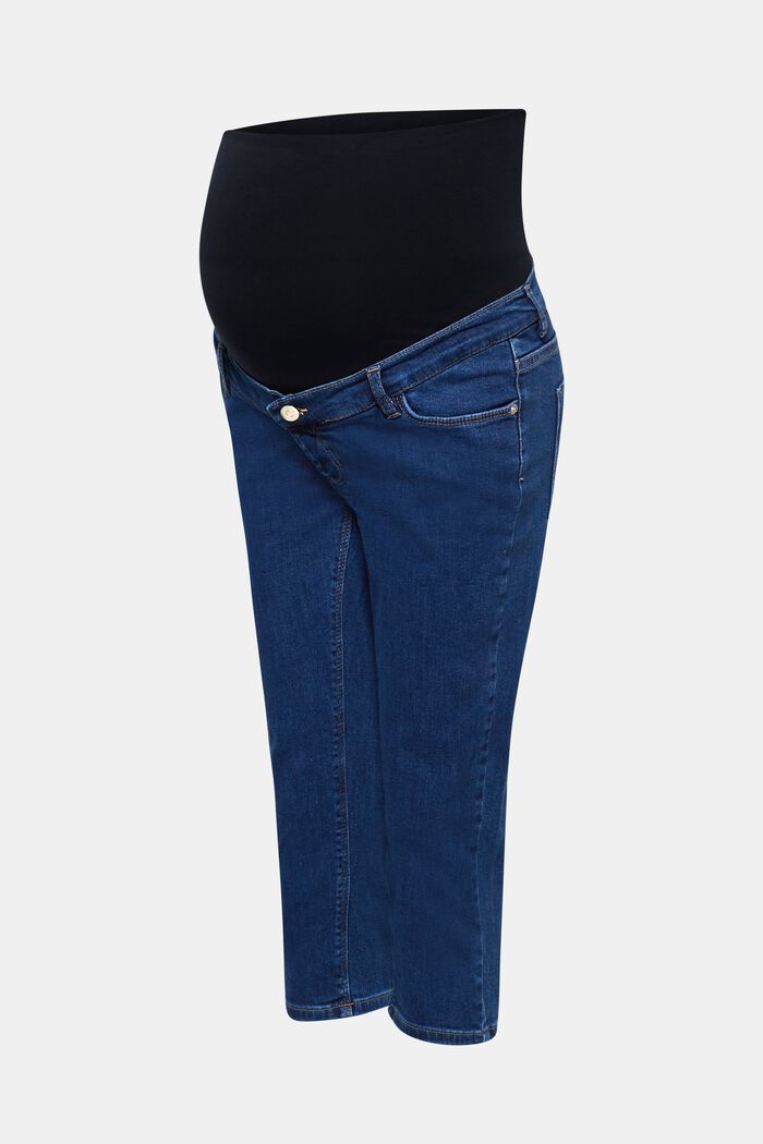 Jeans capri stretch con fondo fascia premaman, BLUE DARK WASHED, overview