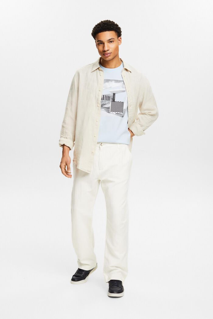 Pantaloni dritti in lino e cotone, OFF WHITE, detail image number 1