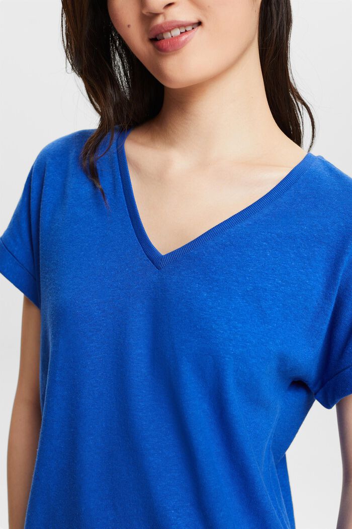 T-shirt con scollo a V in cotone e lino, BRIGHT BLUE, detail image number 3