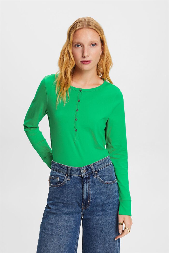 Top in cotone con scollo henley, GREEN, detail image number 2