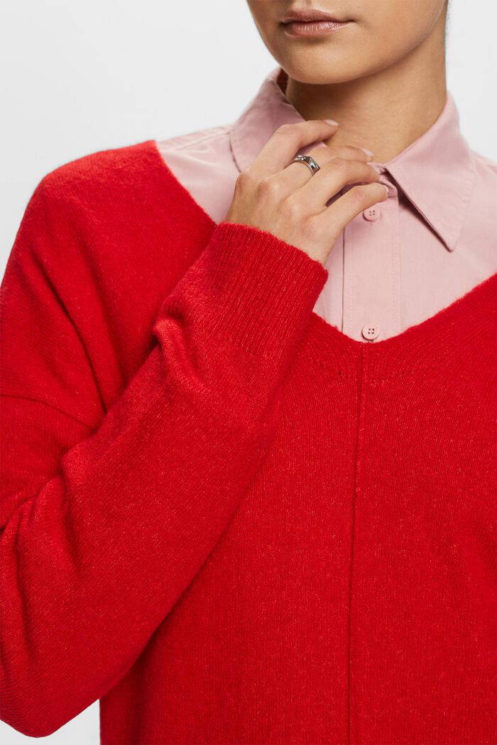 Pullover a V in misto lana, DARK RED, detail image number 2