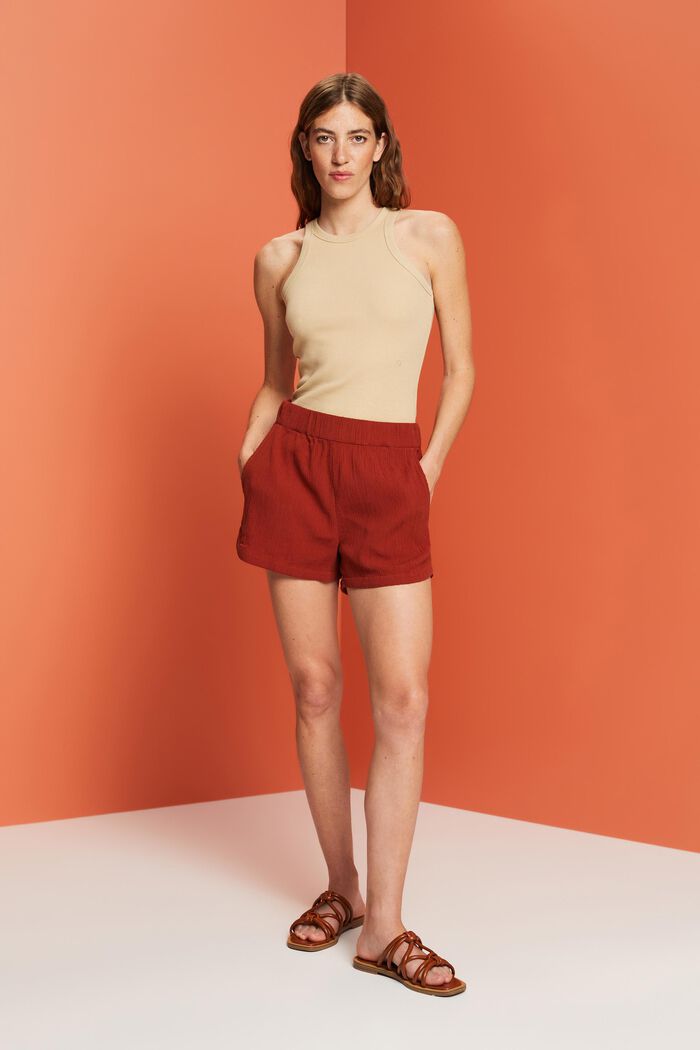 Shorts pull on in cotone stropicciato, TERRACOTTA, detail image number 4