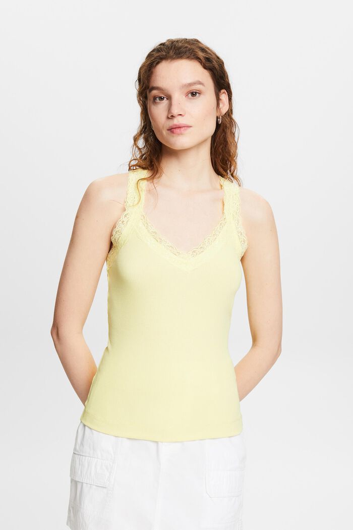 Top con pizzo in jersey di maglia a coste, LIME YELLOW, detail image number 0