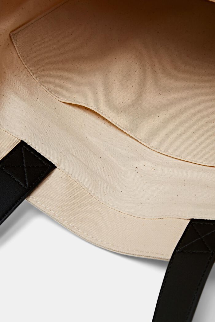 Borsa tote in tela di cotone con bordo in pelle vegana, BLACK, detail image number 3