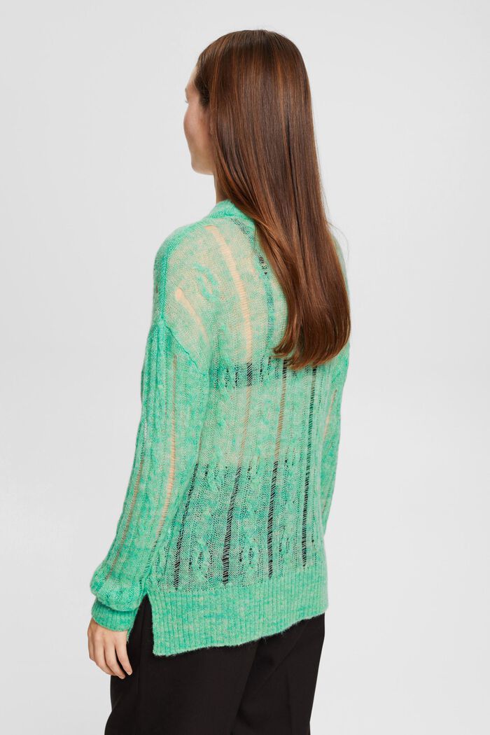 Pullover aperto con lana con motivo intrecciato, LIGHT GREEN, detail image number 3