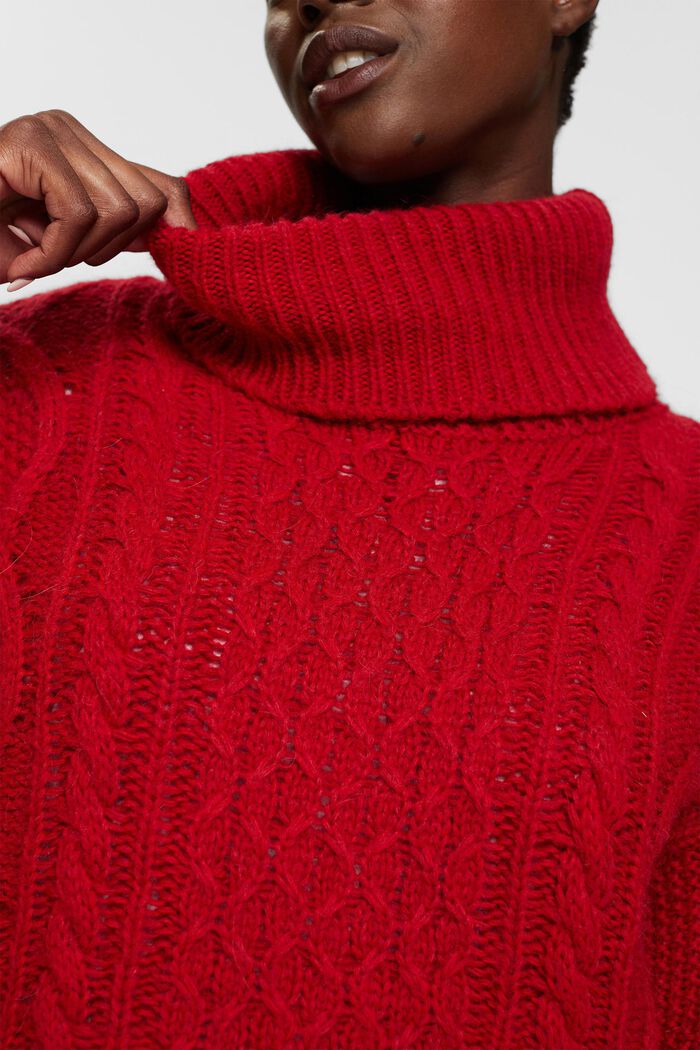 Pullover a collo alto in maglia intrecciata contenente lana, DARK RED, detail image number 2