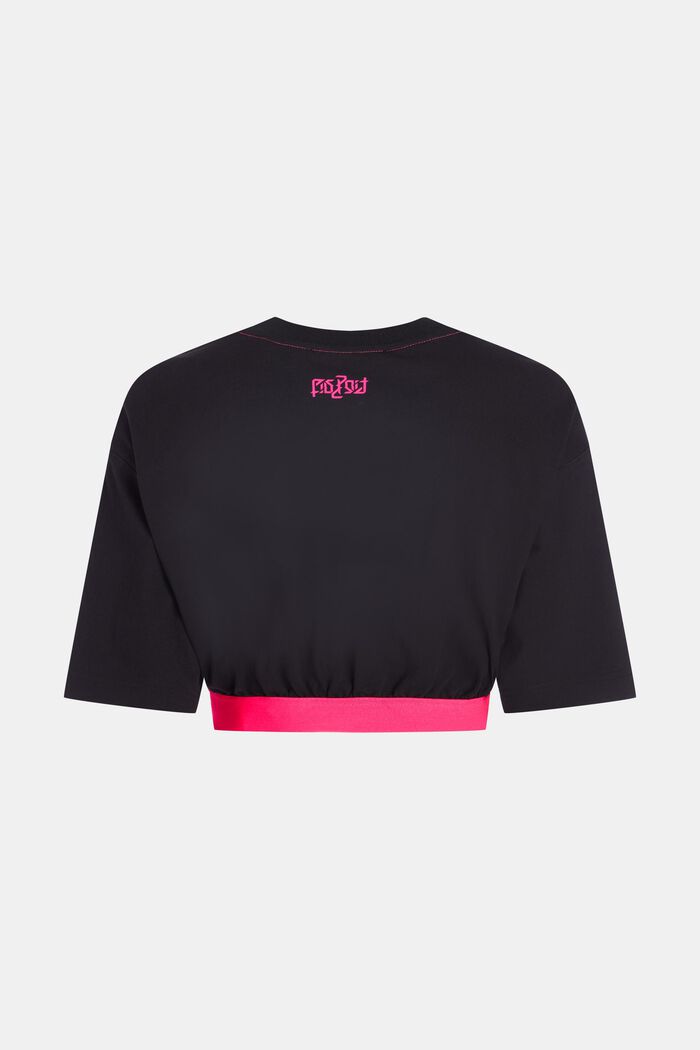 T-shirt cropped fluo con logo e bordi maniche a costine, BLACK, detail image number 5