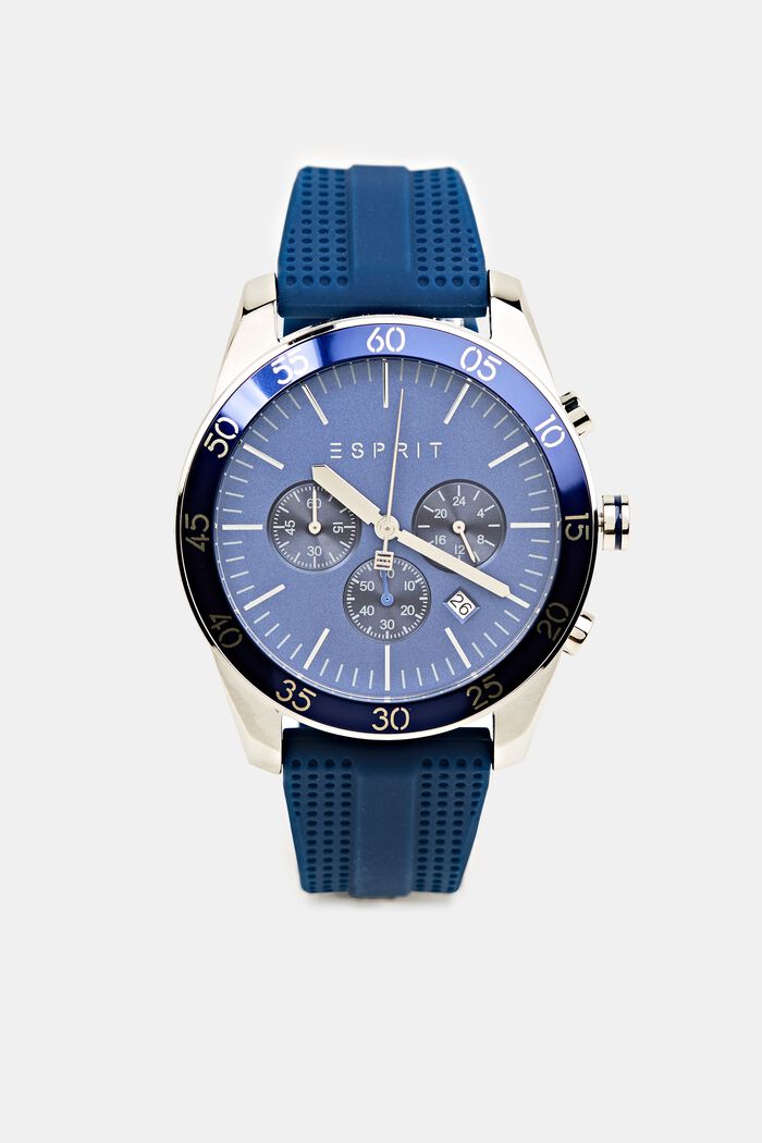 Cronografo in acciaio inox con cinturino in gomma, BLUE, detail image number 0