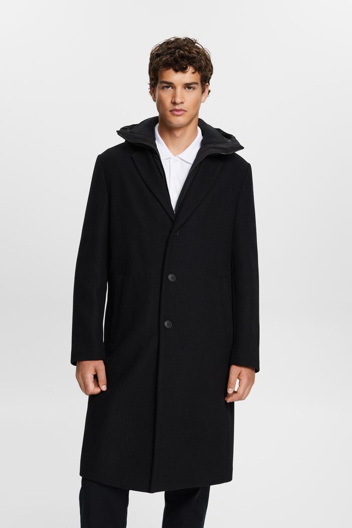Cappotto con cappuccio rimovibile in misto lana, BLACK, detail image number 0