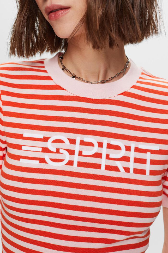 T-shirt in cotone a righe con stampa del logo, BRIGHT ORANGE, detail image number 1