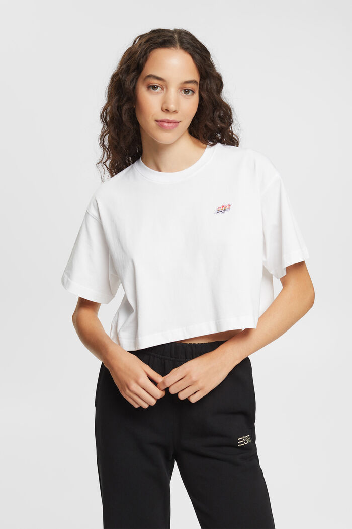 T-shirt cropped con ricamo sul petto AMBIGRAM, WHITE, detail image number 0