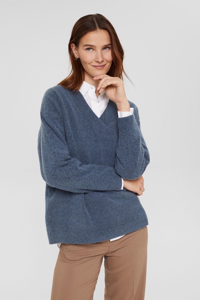 Con lana di lama: pullover con scollo a V, PETROL BLUE, detail image number 0