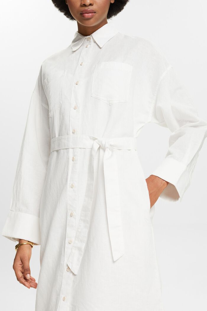 Abito camicia con cintura in misto lino e cotone, OFF WHITE, detail image number 3