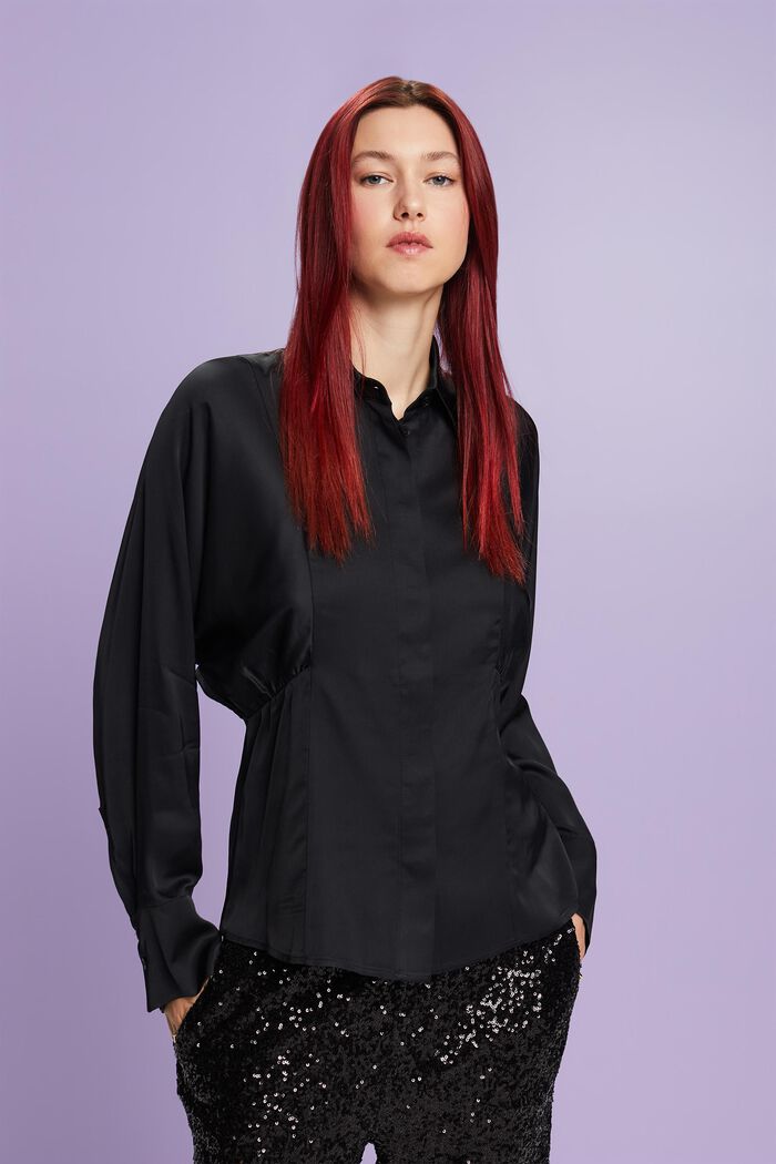 Blusa in raso con balza drappeggiata, BLACK, detail image number 2