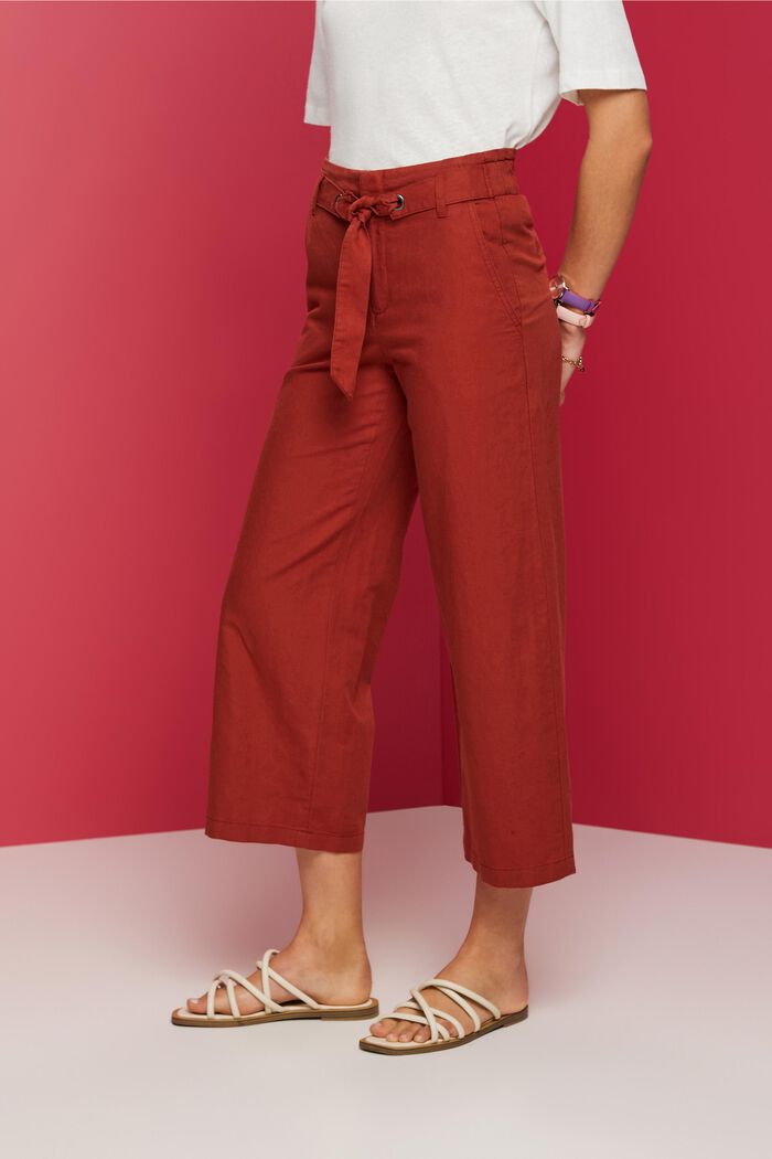 Culotte in lino e cotone con cintura, TERRACOTTA, detail image number 0