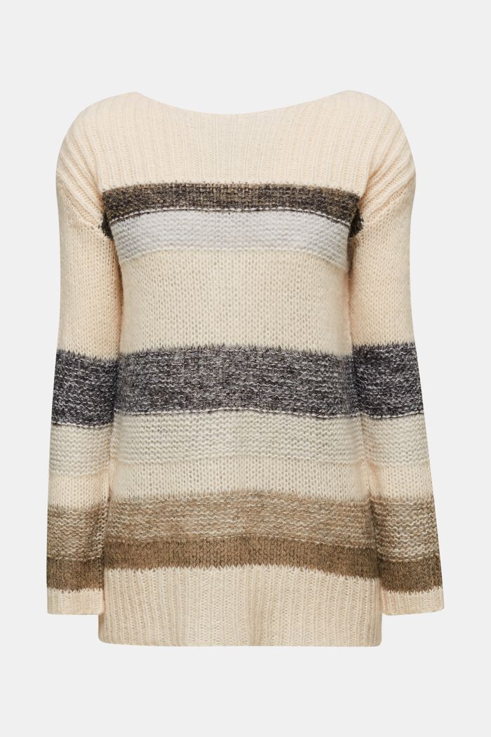 Con lana e alpaca: pullover lungo con righe, BEIGE, detail image number 0