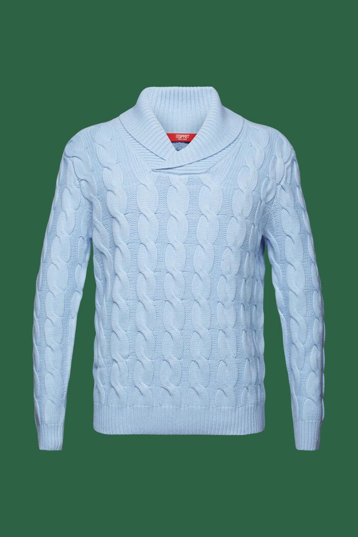 Pullover con collo sciallato in maglia intrecciata di lana, LIGHT BLUE LAVENDER, detail image number 7