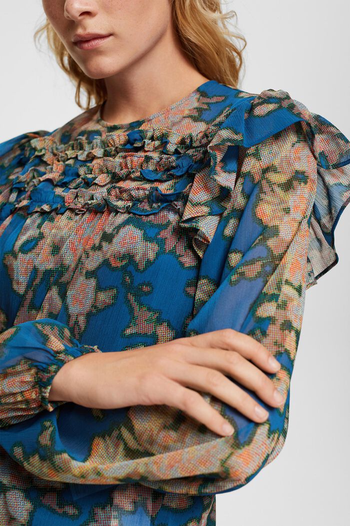 Blusa in chiffon con stampa e arricciature, TEAL BLUE, detail image number 0