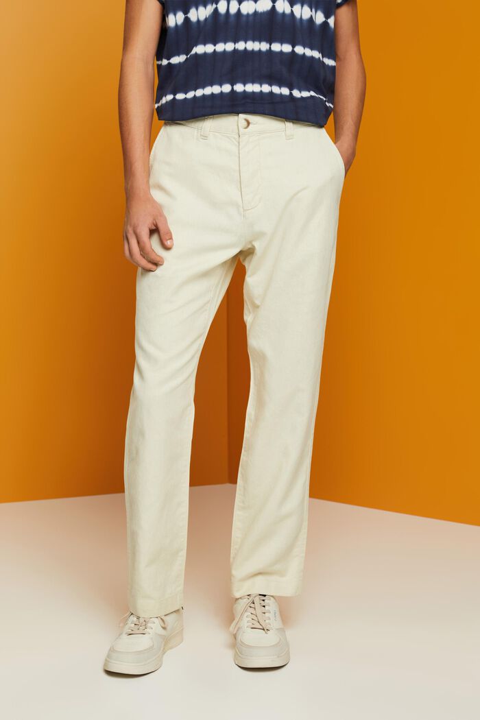 Pantaloni in misto cotone e lino, CREAM BEIGE, detail image number 0