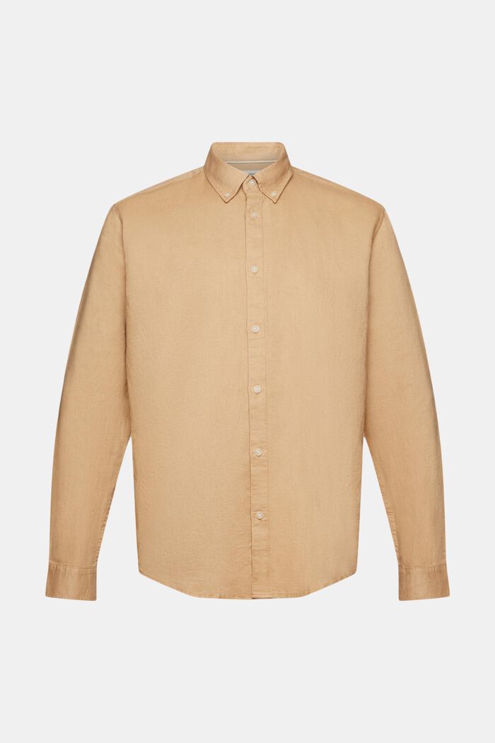 Camicia button-down in misto cotone e lino, BEIGE, detail image number 5